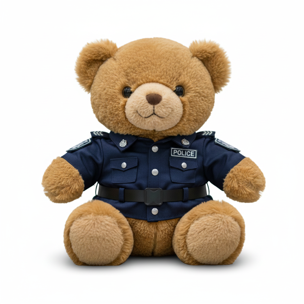 Teddy bear wearing a police uniform on a white background