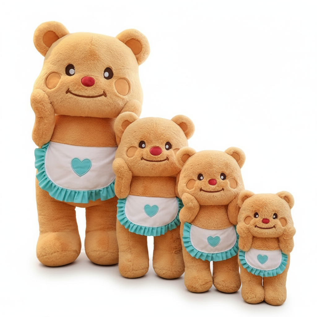 Set of four teddy bears with heart aprons on a white background
