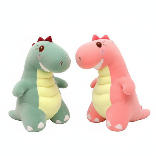 Two colorful dinosaur plush toys, one green and one pink, on a white background.