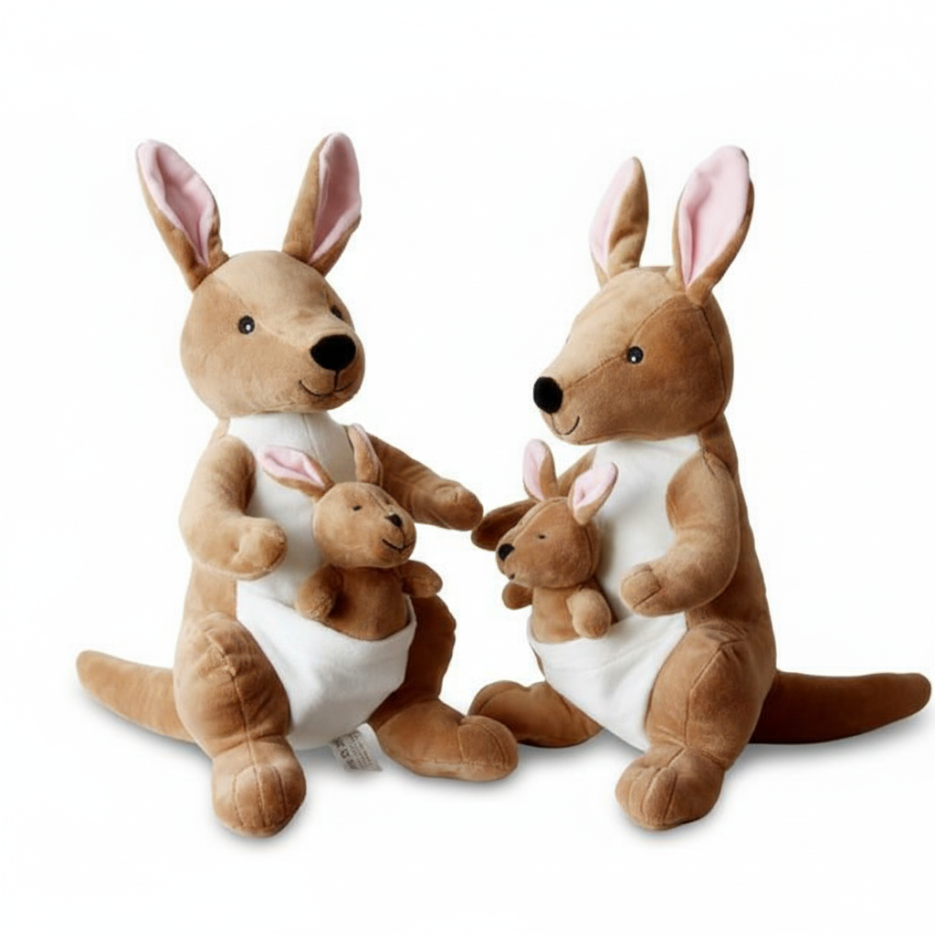 Two plush kangaroo toys with baby kangaroos on a white background