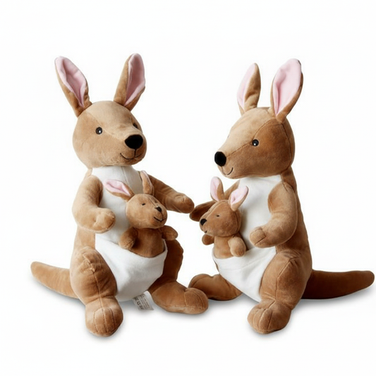 Two plush kangaroo toys with baby kangaroos on a white background