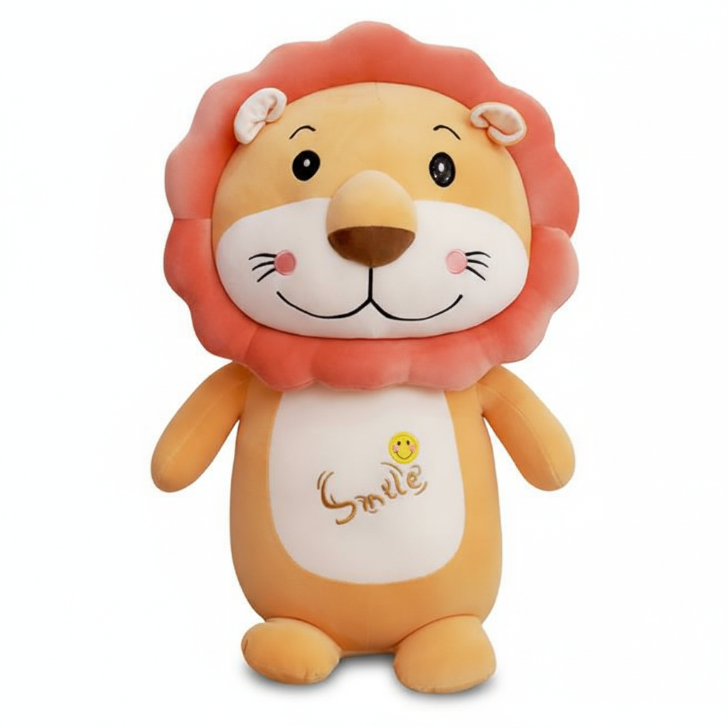 Plush toy lion with a smiley face and 'Smile' text on a white background