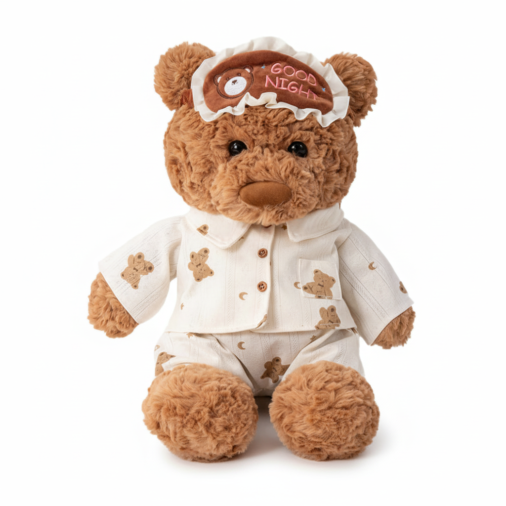 Teddy bear wearing pajamas with a 'Good Night' cap on a white background