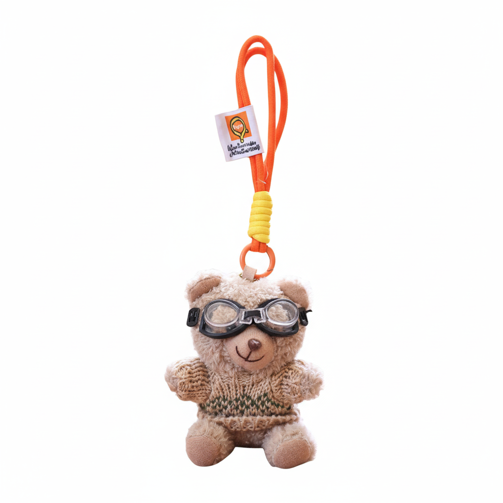 Plush bear keychain with goggles on a white background