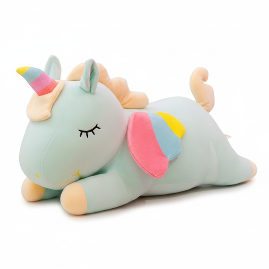 Plush toy unicorn with pastel colors on a white background