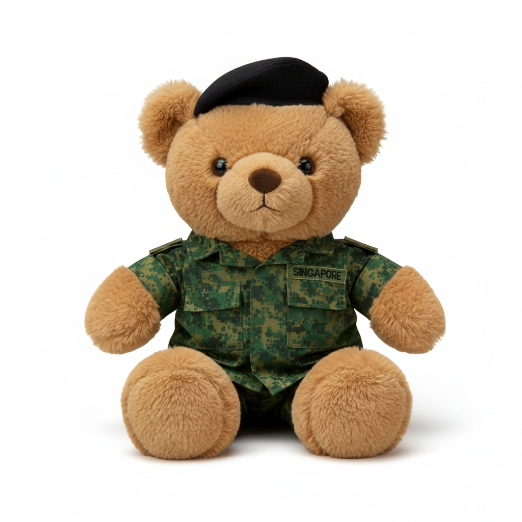 Singapore Teddy bear in army uniform with a black beret on a white background