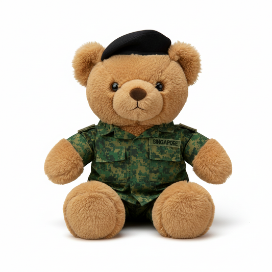 Singapore Teddy bear in army uniform with a black beret on a white background