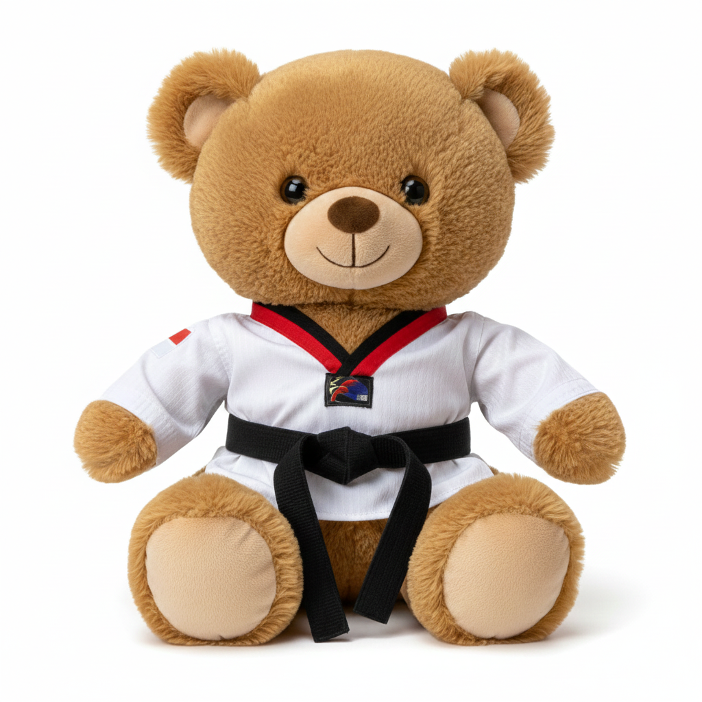 Teddy bear in a martial arts Taekwondo uniform with a black belt on a white background