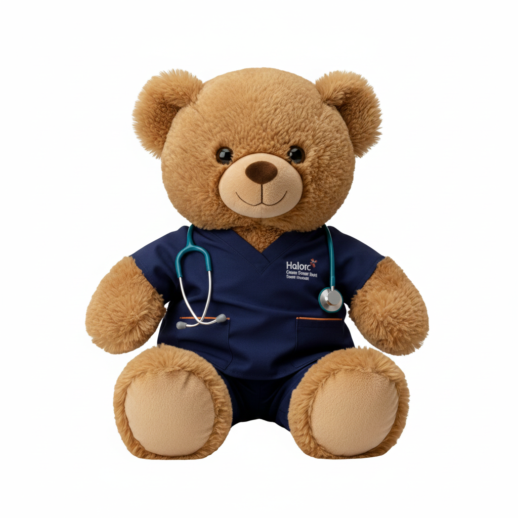 Teddy bear wearing blue scrubs with a stethoscope on a white background