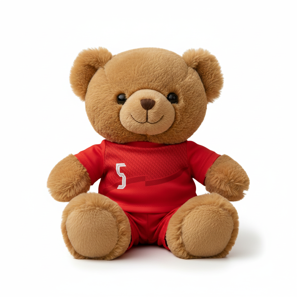 Brown teddy bear wearing a red shirt with a number 5 on a white background