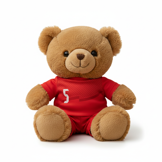 Brown teddy bear wearing a red shirt with a number 5 on a white background