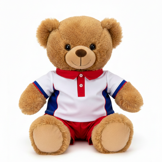 Plush teddy bear wearing a school uniform with white shirt with red and blue accents on a white background