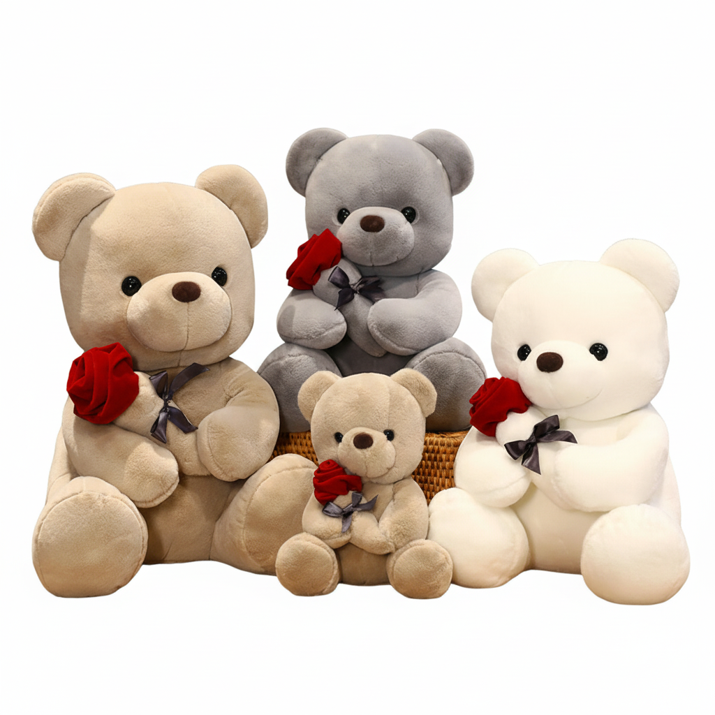 Four teddy bears in beige, gray, and white with red roses and black ribbons on a white background.