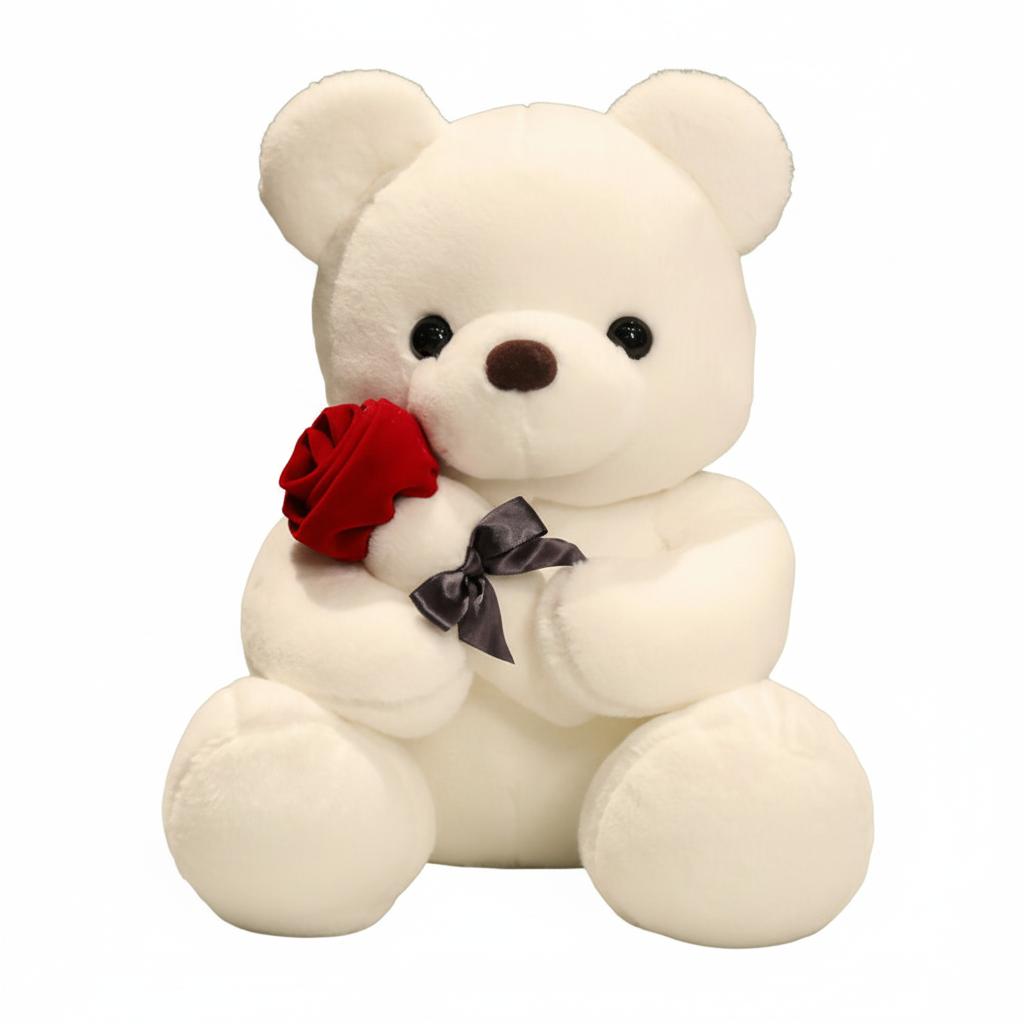 White teddy bear holding a red rose with a black bow on a white background
