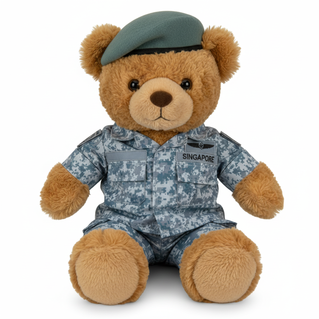Teddy bear in Singapore Air Force uniform on a white background