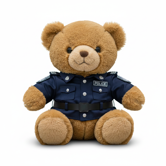Teddy bear wearing a police uniform on a white background