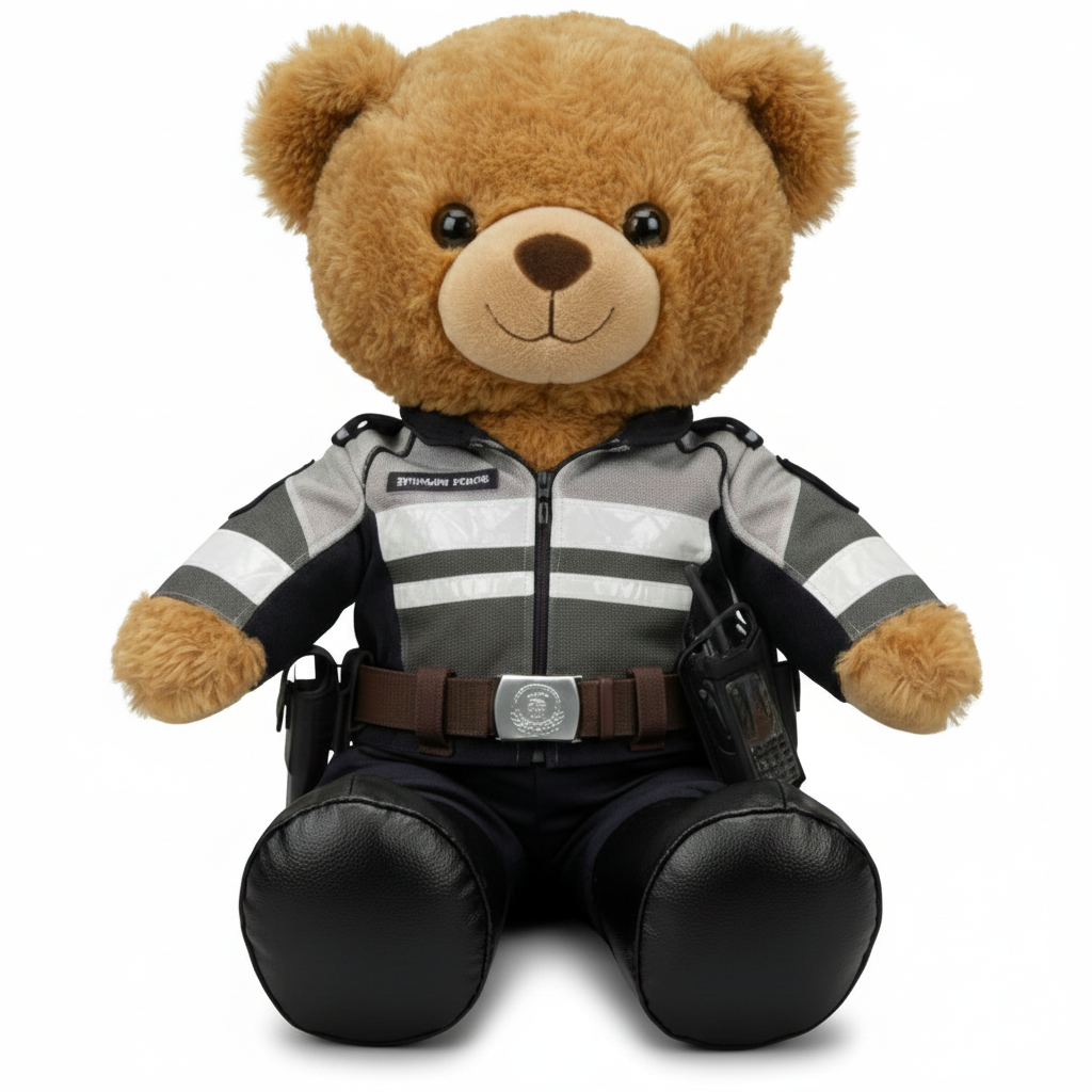 Plush teddy bear wearing a traffic police uniform on a white background