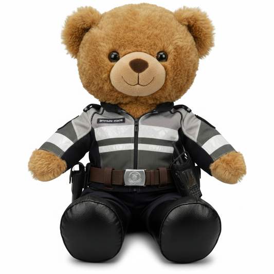 Plush teddy bear wearing a traffic police uniform on a white background
