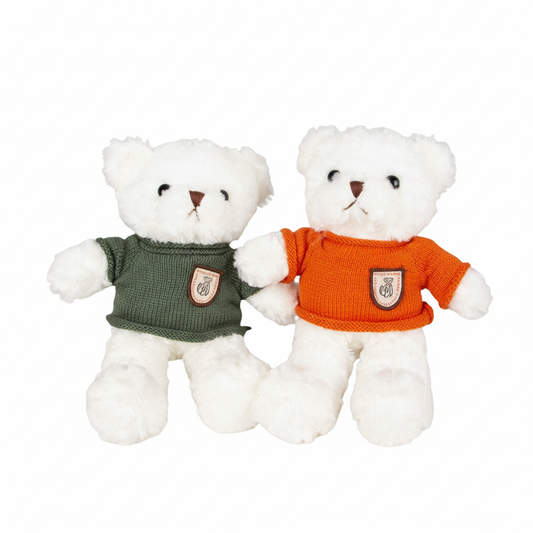 Two white teddy bears wearing green and orange sweaters on a white background