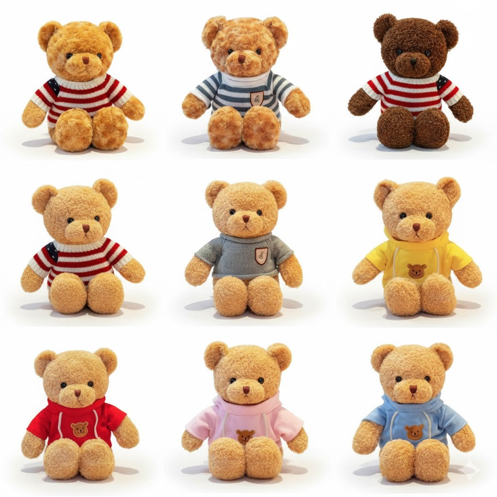 Nine teddy bears wearing different colored shirts on a white background