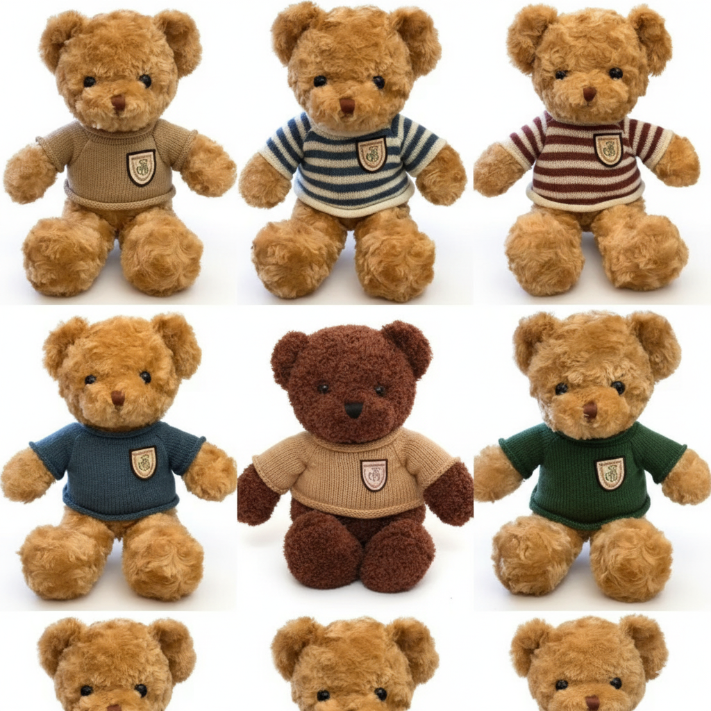 Collection of teddy bears wearing different colored shirts on a white background
