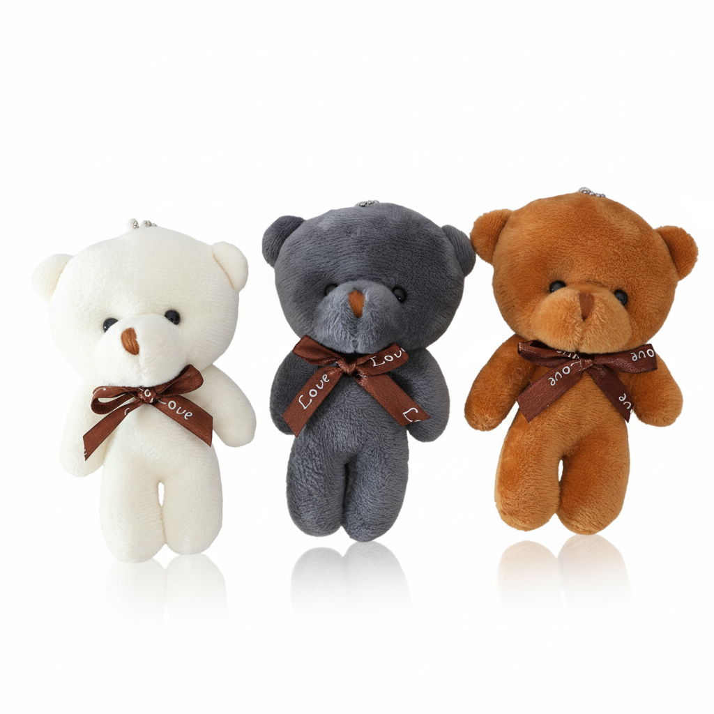 Three teddy bears in white, gray, and brown with 'love' ribbons on a white background