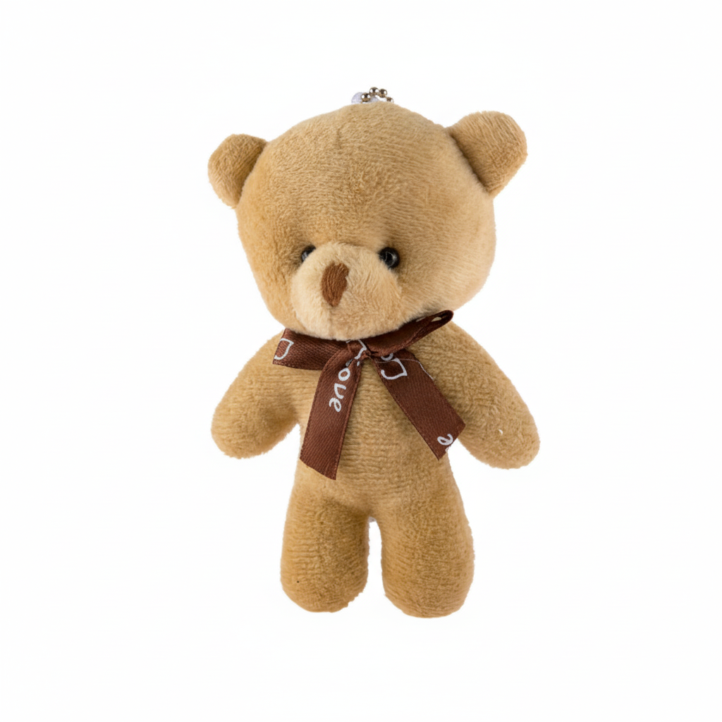 Brown teddy bear with a brown ribbon on a white background