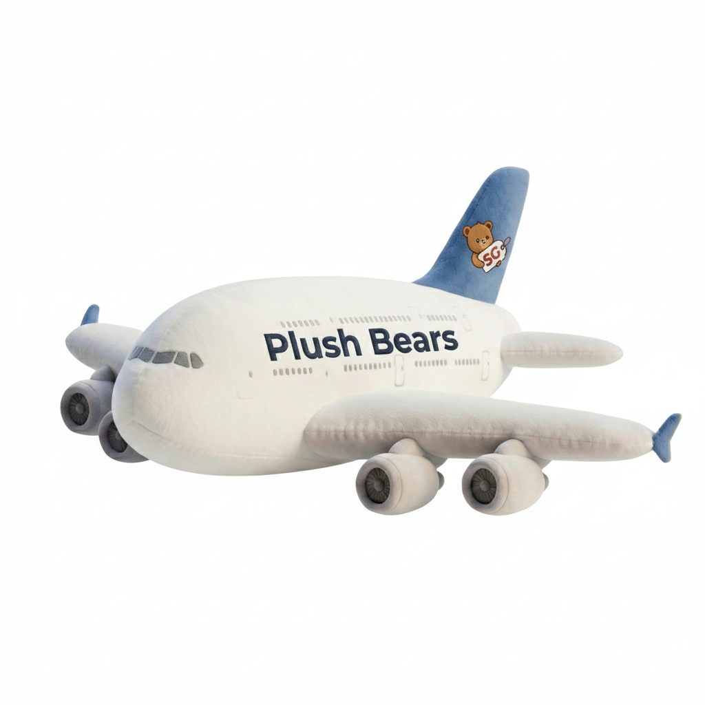 Plush toy airplane with 'Plush Bears' branding on a white background