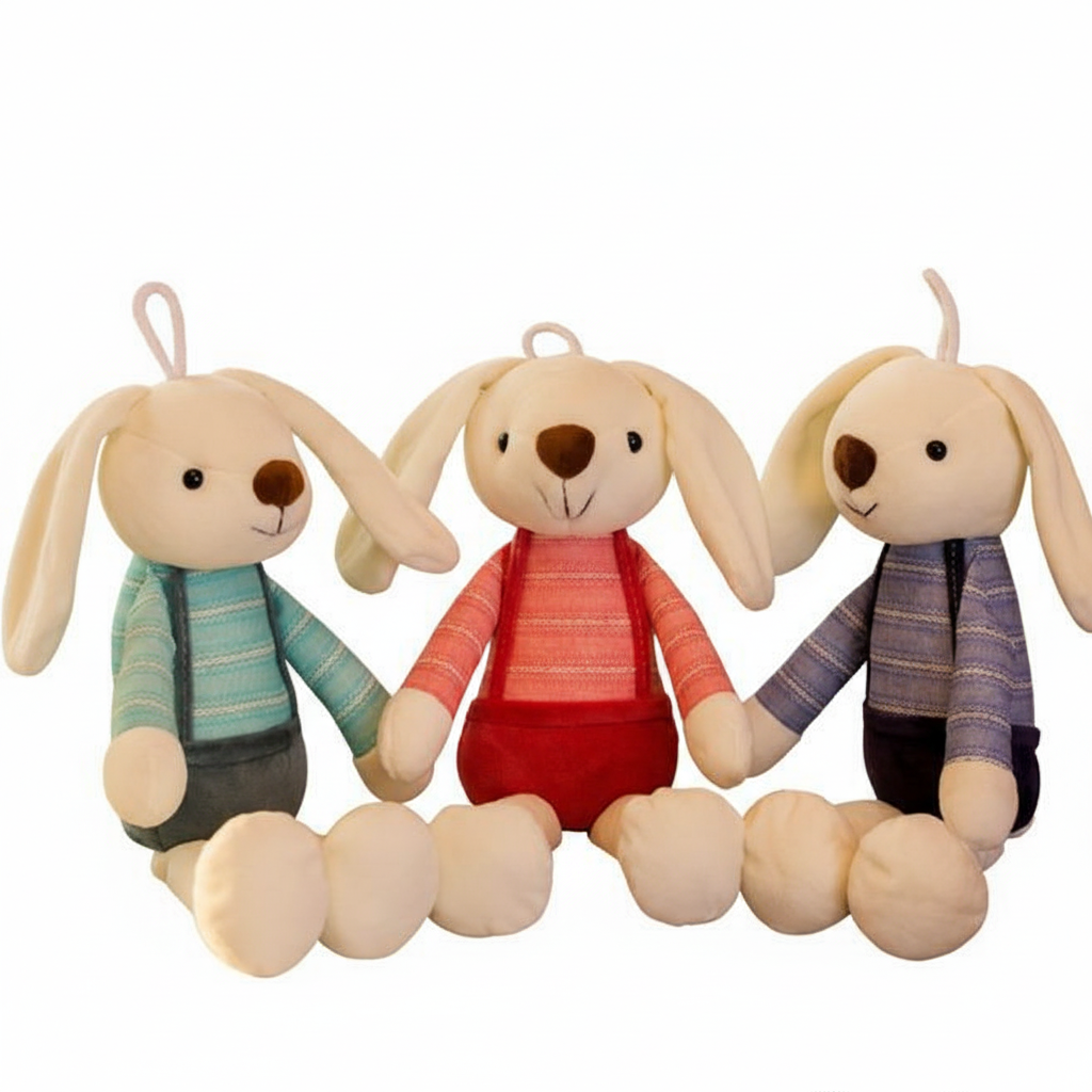 Three plush toy rabbits holding hands on a white background