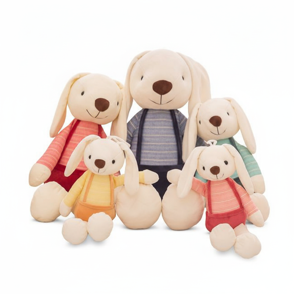 Set of plush toy bunnies in various colors on a white background