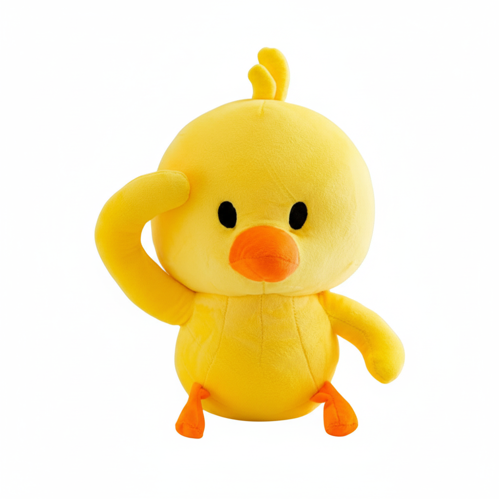 Yellow plush duck toy on a white background