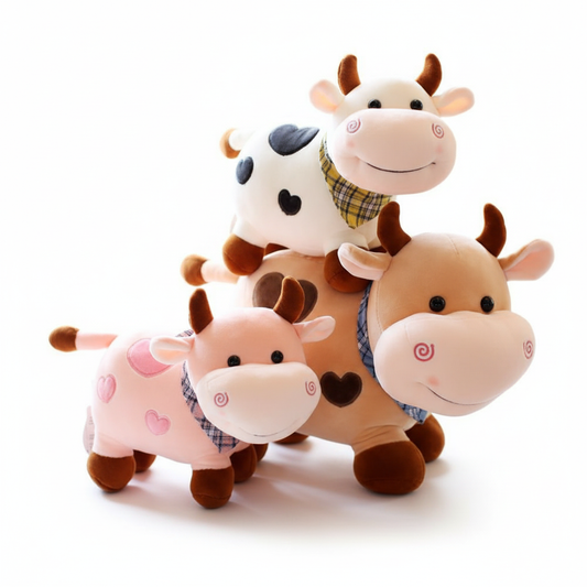 Three plush cow toys in different colors on a white background