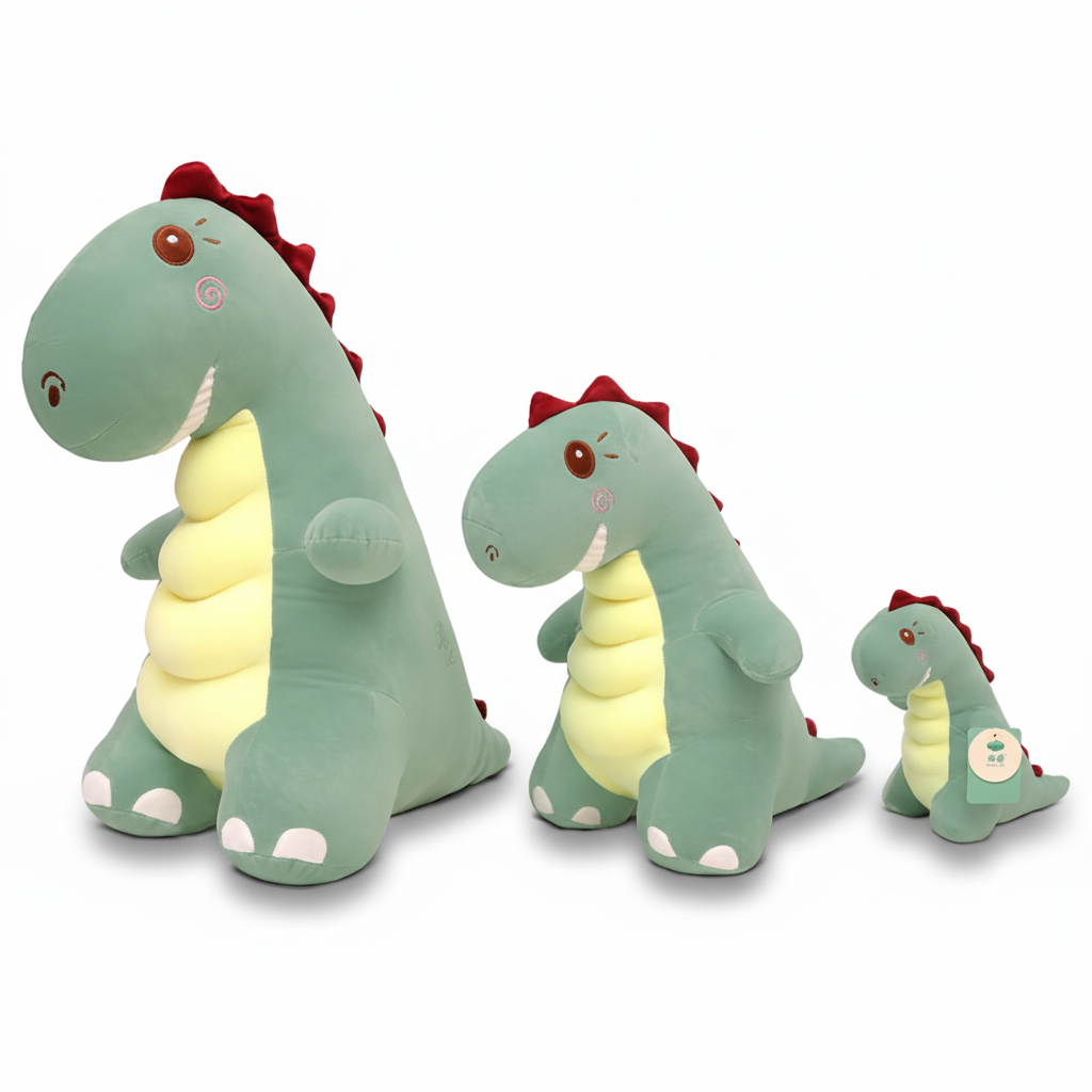 Three green dinosaur plush toys of different sizes on a white background