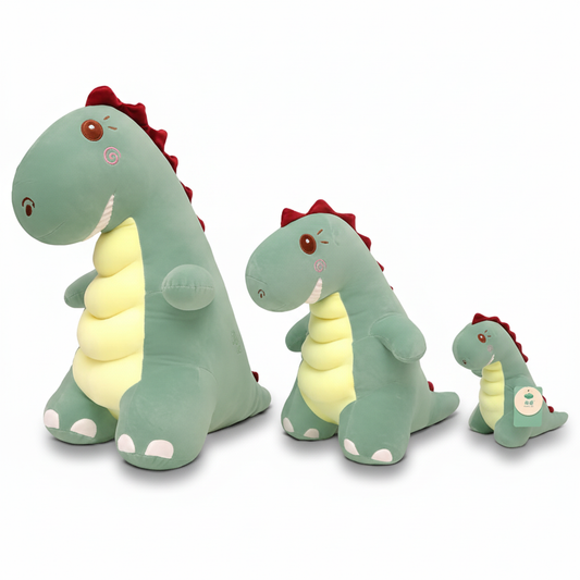 Three green dinosaur plush toys of different sizes on a white background
