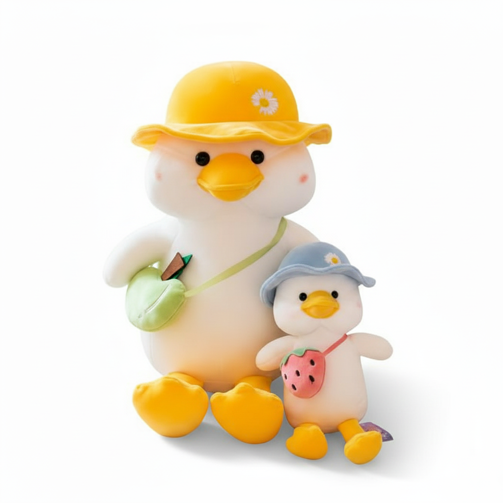 Two cartoon-style ducks, one larger with a yellow hat and green bag, and a smaller one with a strawberry design, on a white background.