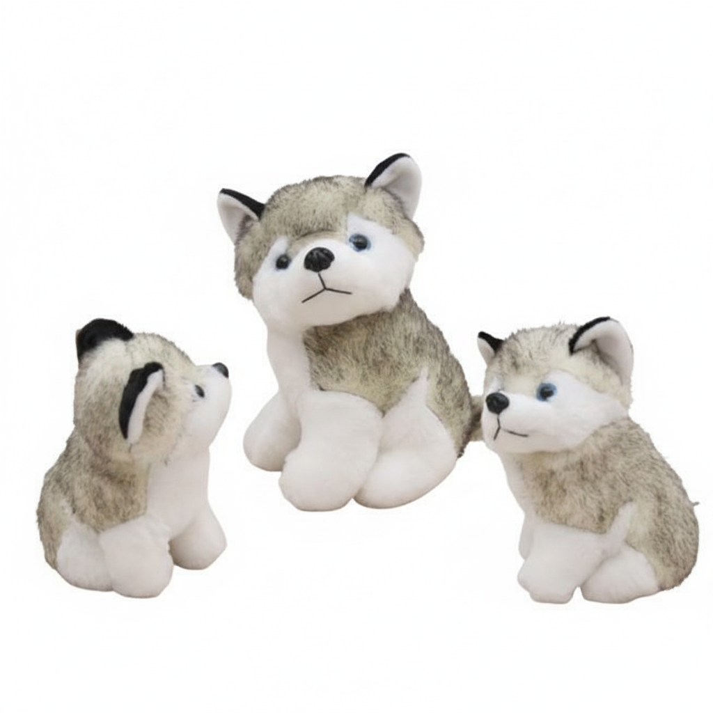 Three plush husky toys on a white background