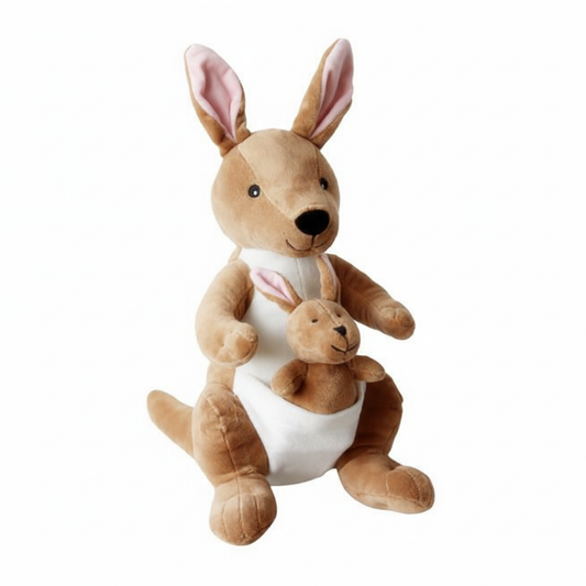 Plush kangaroo toy with a baby kangaroo inside on a white background