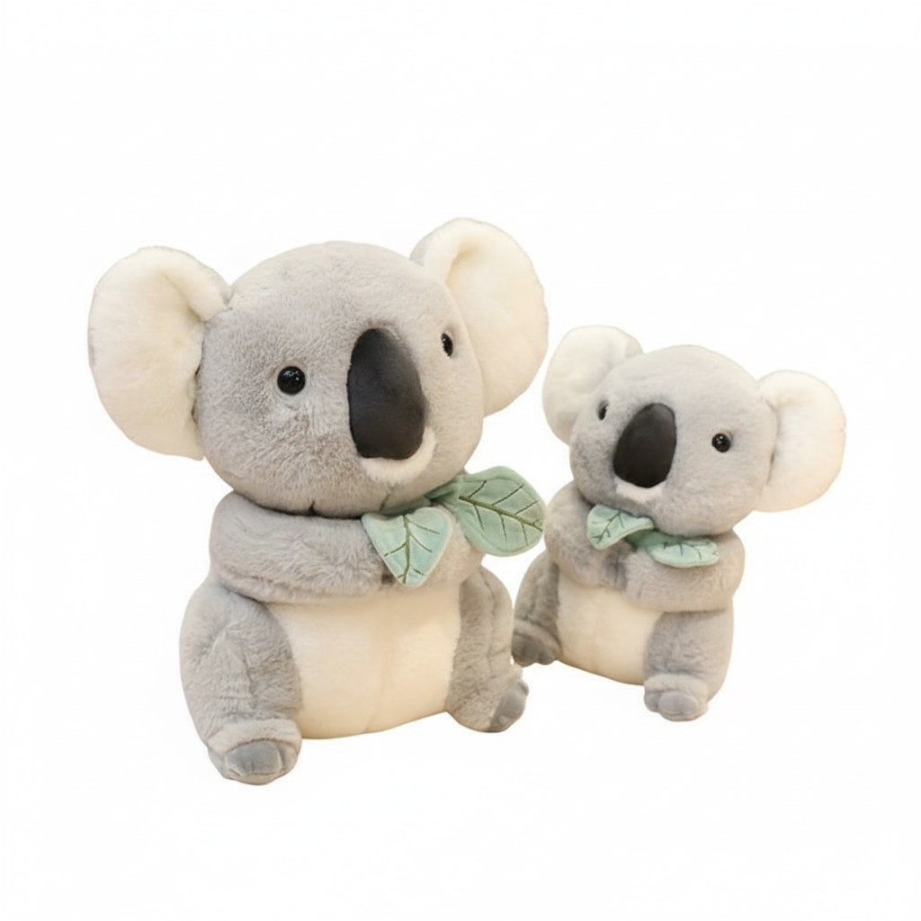 Two plush koala toys with leaf accessories on a white background