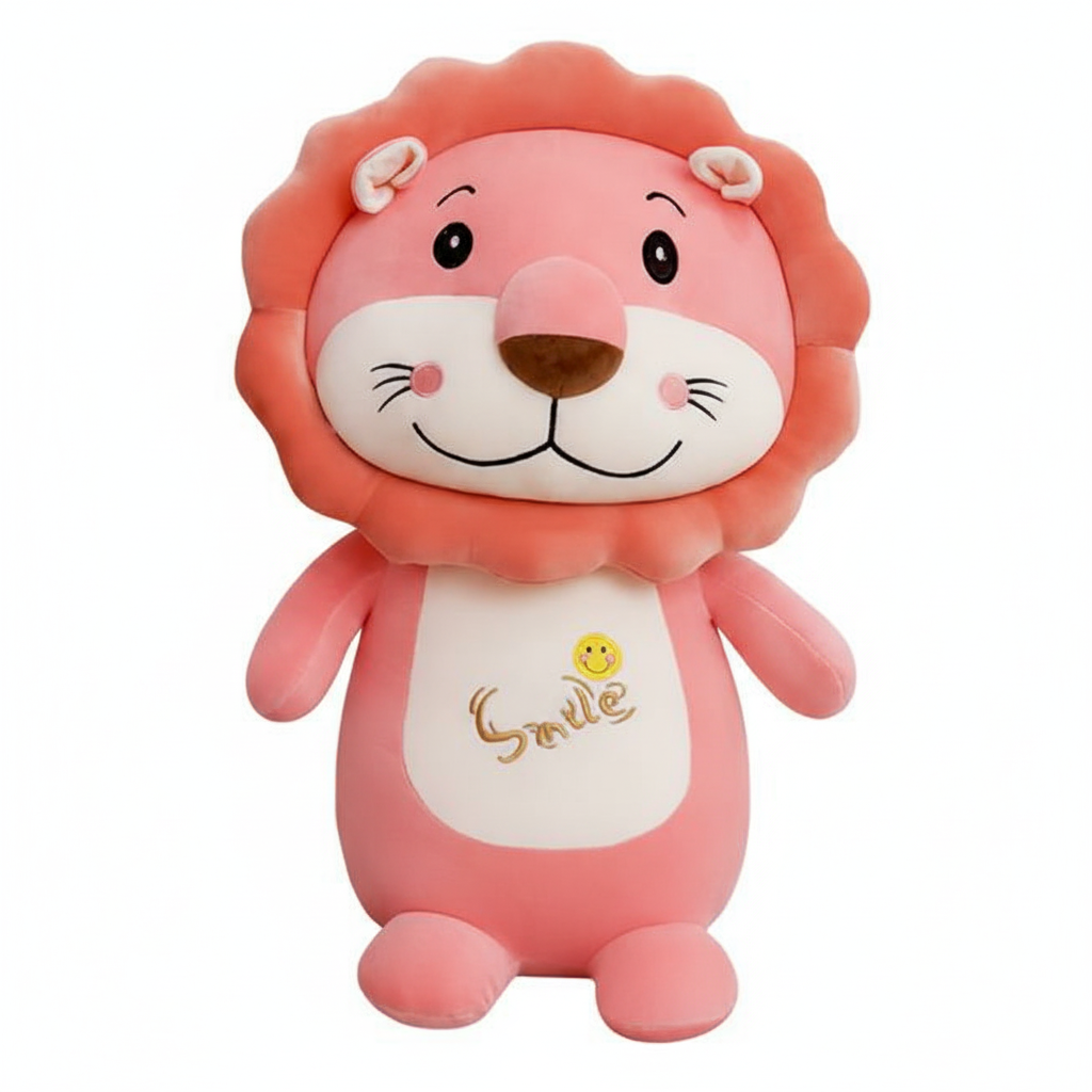 Pink lion plush toy with a 'Smile' patch on a white background