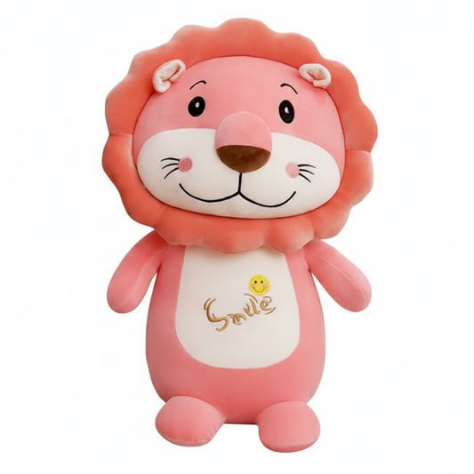 Pink lion plush toy with a 'Smile' patch on a white background