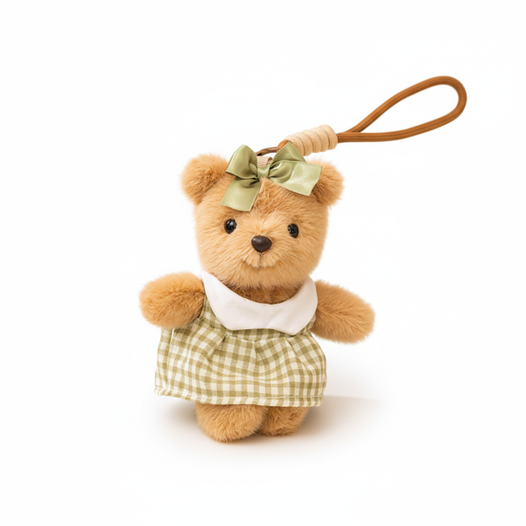 Plush teddy bear keychain with a green bow and checkered dress on a white background