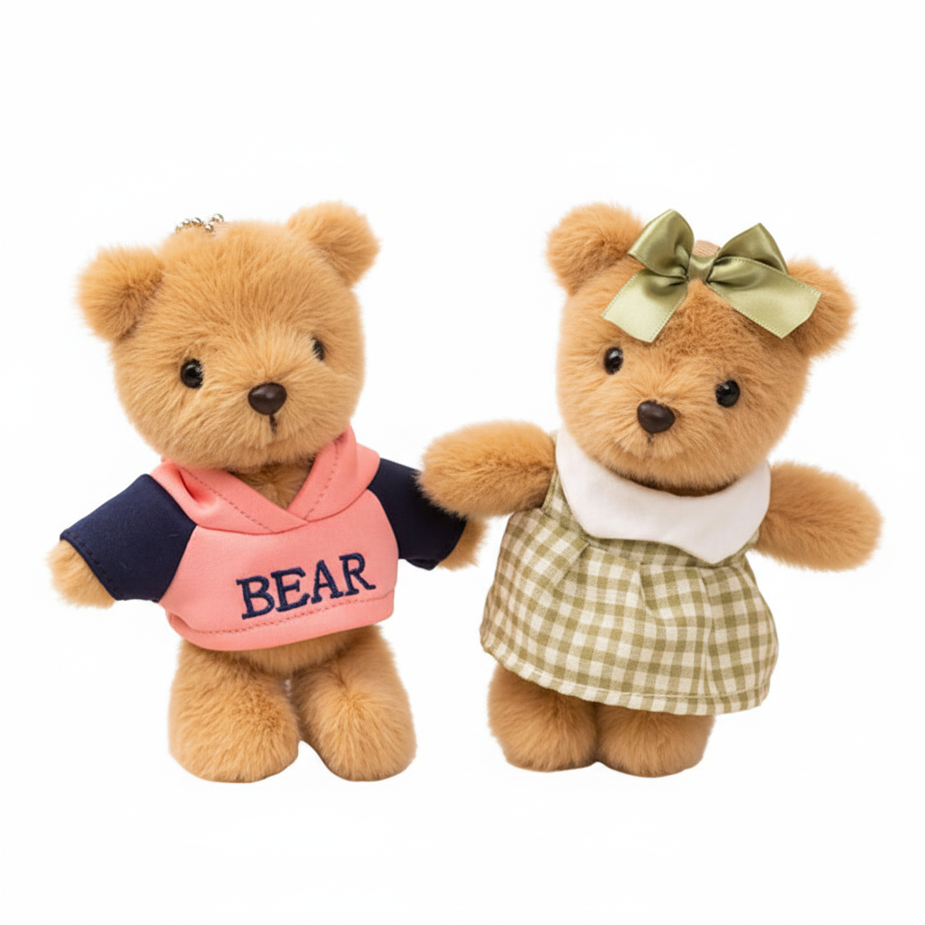 Two teddy bears, one wearing a pink shirt with 'BEAR' text and the other in a checkered dress with a bow, on a white background.