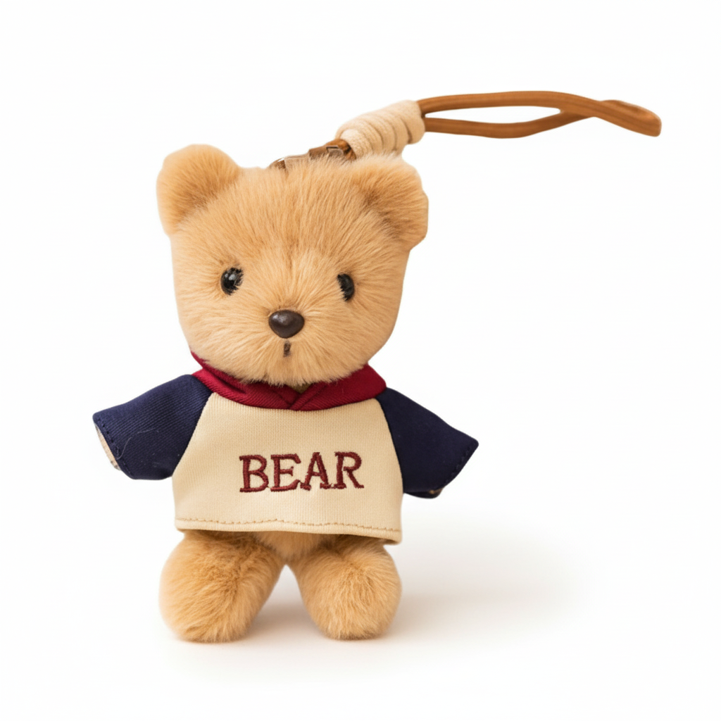 Plush teddy bear keychain with 'BEAR' apron on a white background