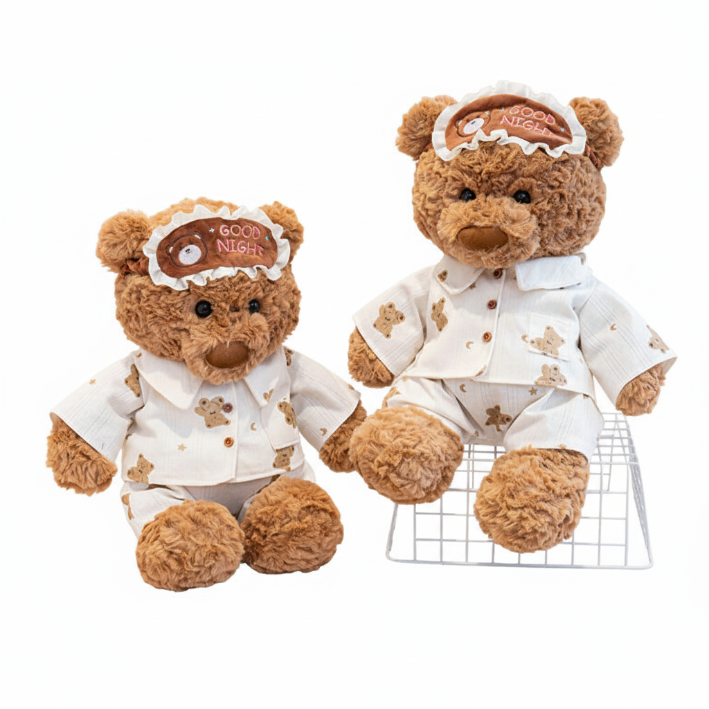 Two teddy bears in pajamas with 'Good Night' hats on a white background