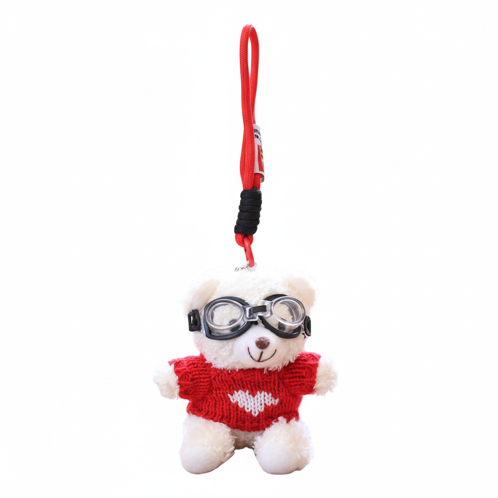 Plush toy bear with goggles and red sweater on a white background