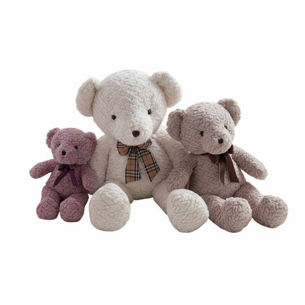 Three teddy bears in different colors sitting together on a white background