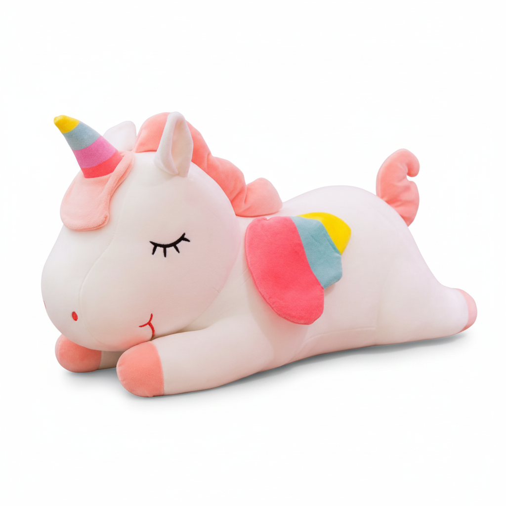 Plush toy unicorn with a rainbow horn on a white background