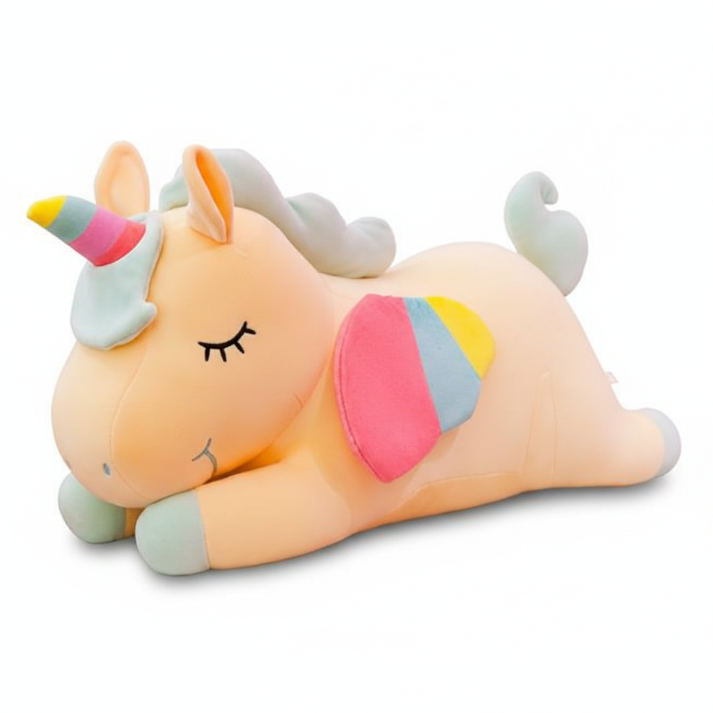 Plush toy unicorn pillow with rainbow colors on a white background