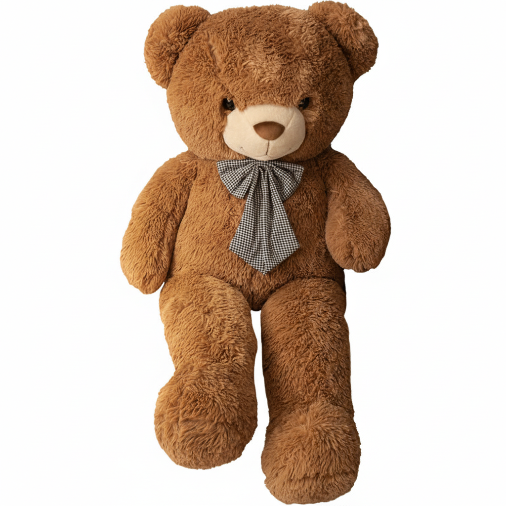 Brown teddy bear with a bow tie on a white background