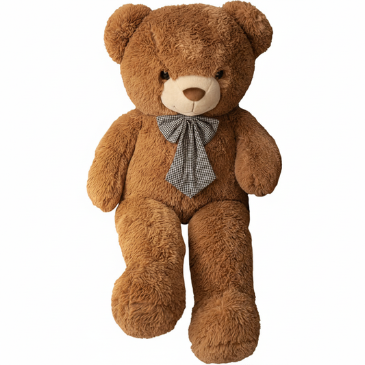 Brown teddy bear with a bow tie on a white background